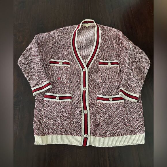 Maje Sweaters - Maje Mapada Knit Button-Front Boyfriend Cardigan in Red & White  -size 2 Medium.